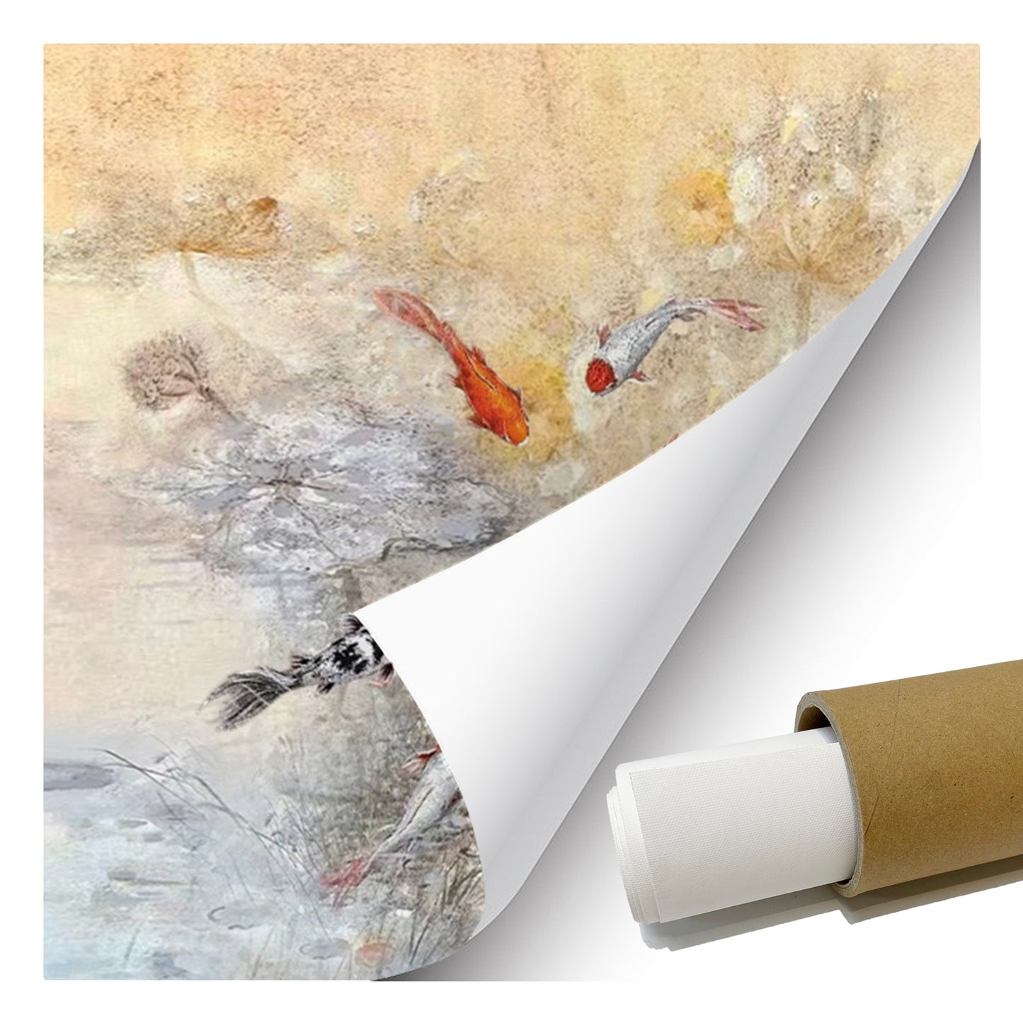 HIGHMAX Fish Pond Canvas 3D Wall Art Hand Oil Painting Oriental - Style Aquatic Scene Living Room Bedroom Decor Gift