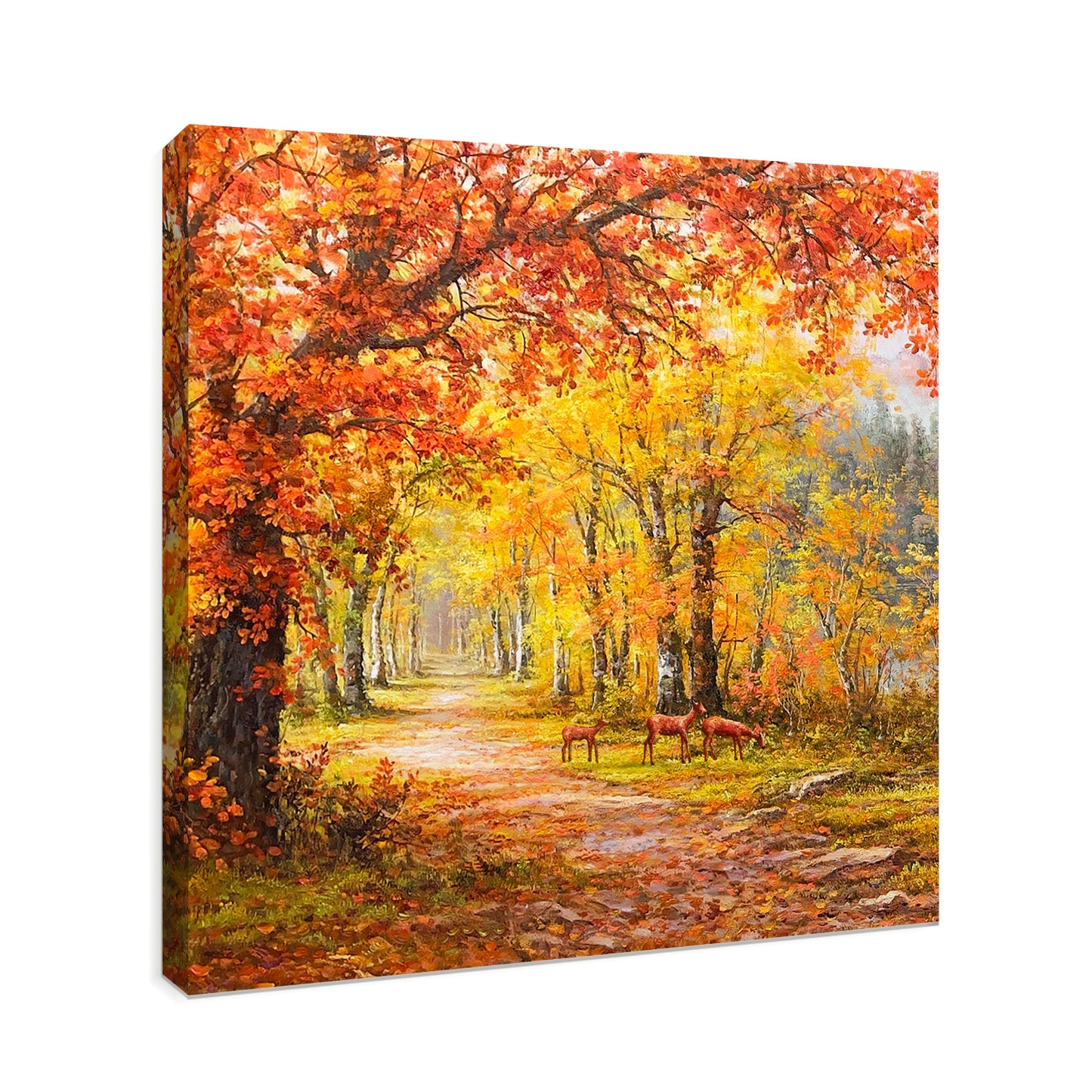 HIGHMAX Autumn Forest Deer Canvas 3D Wall Art Hand Oil Painting Fall Landscape Living Room Bedroom Decor Gift