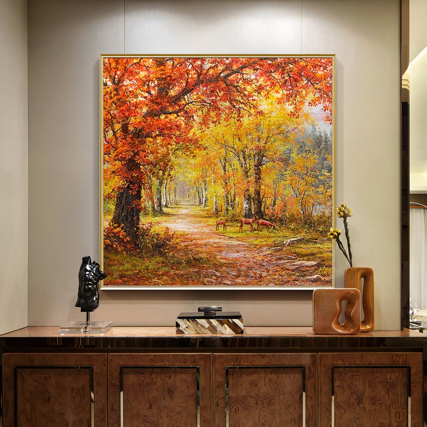 HIGHMAX Autumn Forest Deer Canvas 3D Wall Art Hand Oil Painting Fall Landscape Living Room Bedroom Decor Gift