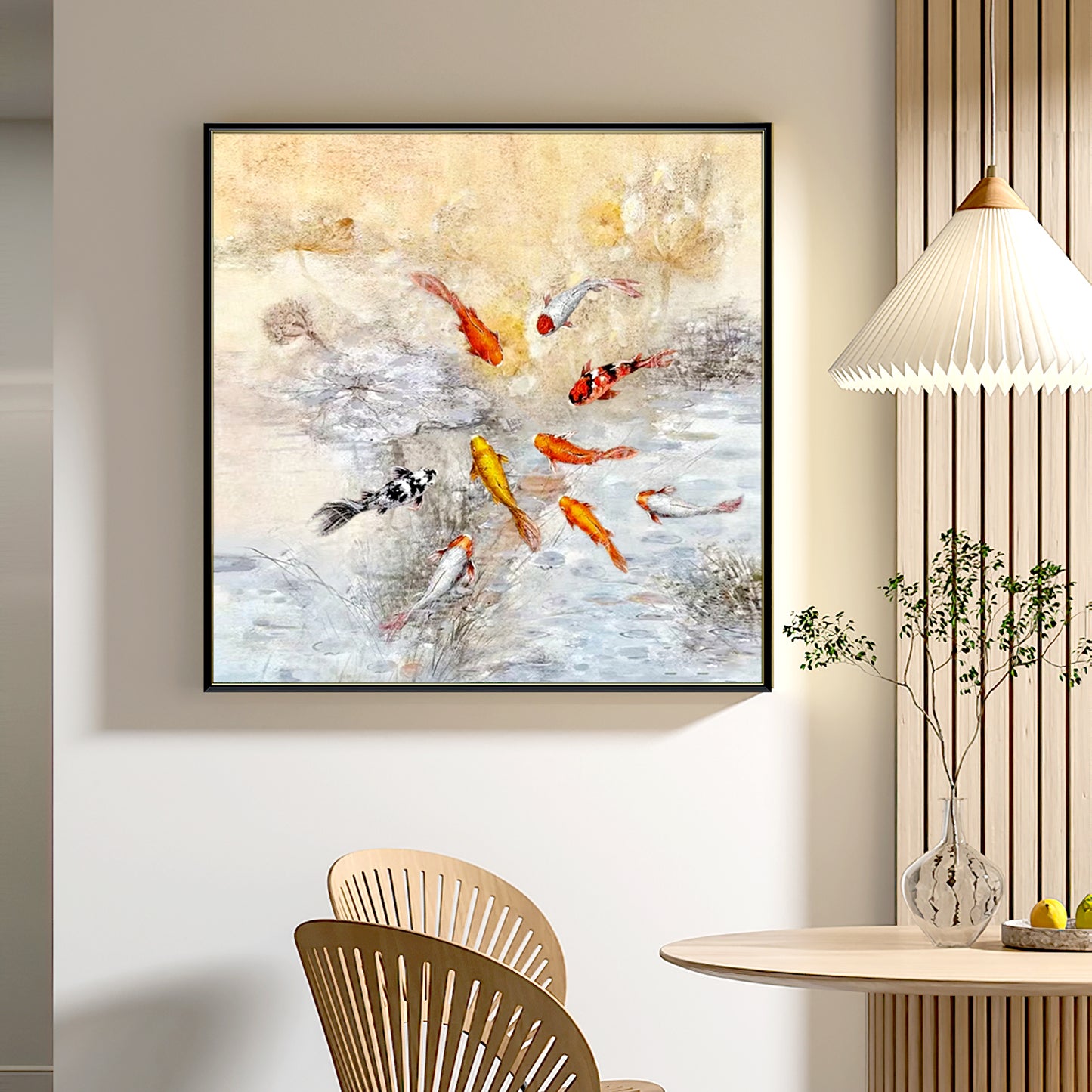 HIGHMAX Fish Pond Canvas 3D Wall Art Hand Oil Painting Oriental - Style Aquatic Scene Living Room Bedroom Decor Gift