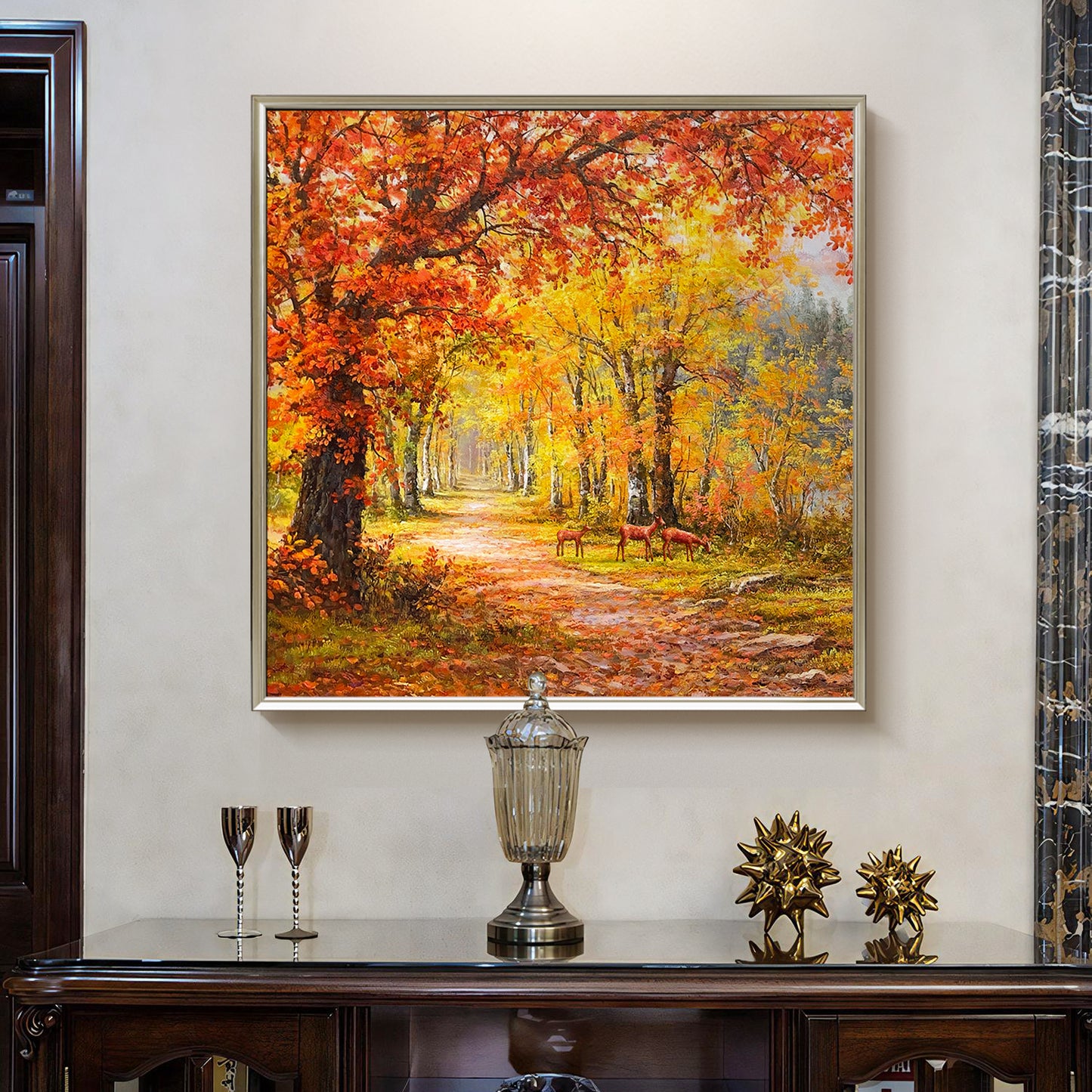HIGHMAX Autumn Forest Deer Canvas 3D Wall Art Hand Oil Painting Fall Landscape Living Room Bedroom Decor Gift