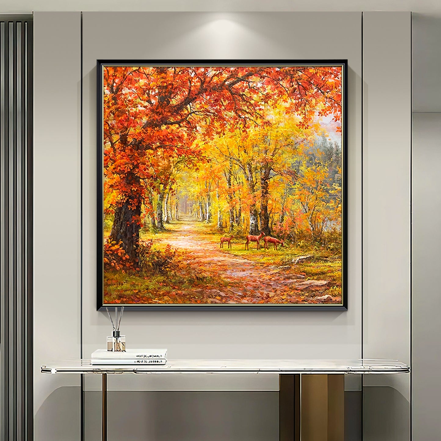 HIGHMAX Autumn Forest Deer Canvas 3D Wall Art Hand Oil Painting Fall Landscape Living Room Bedroom Decor Gift