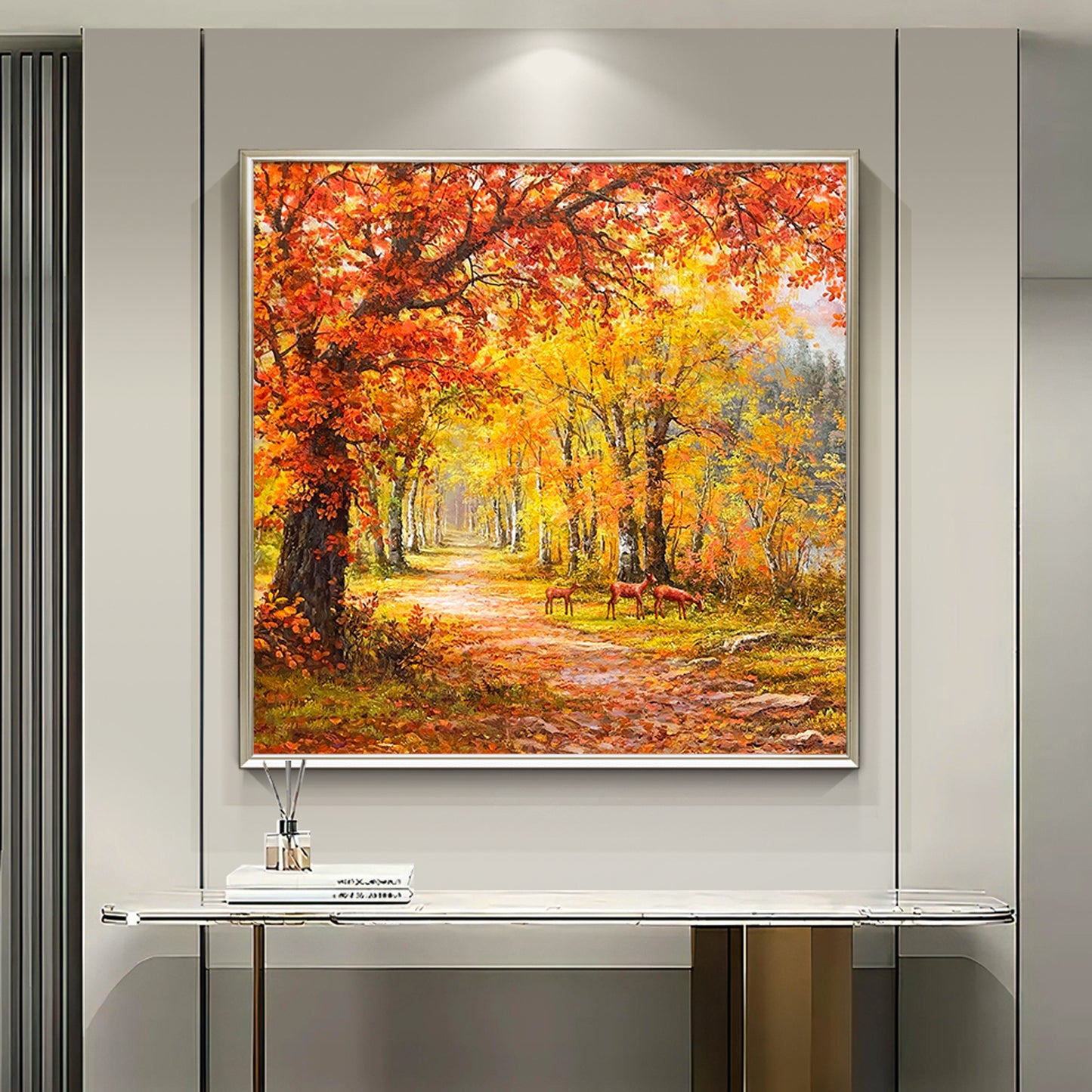 HIGHMAX Autumn Forest Deer Canvas 3D Wall Art Hand Oil Painting Fall Landscape Living Room Bedroom Decor Gift