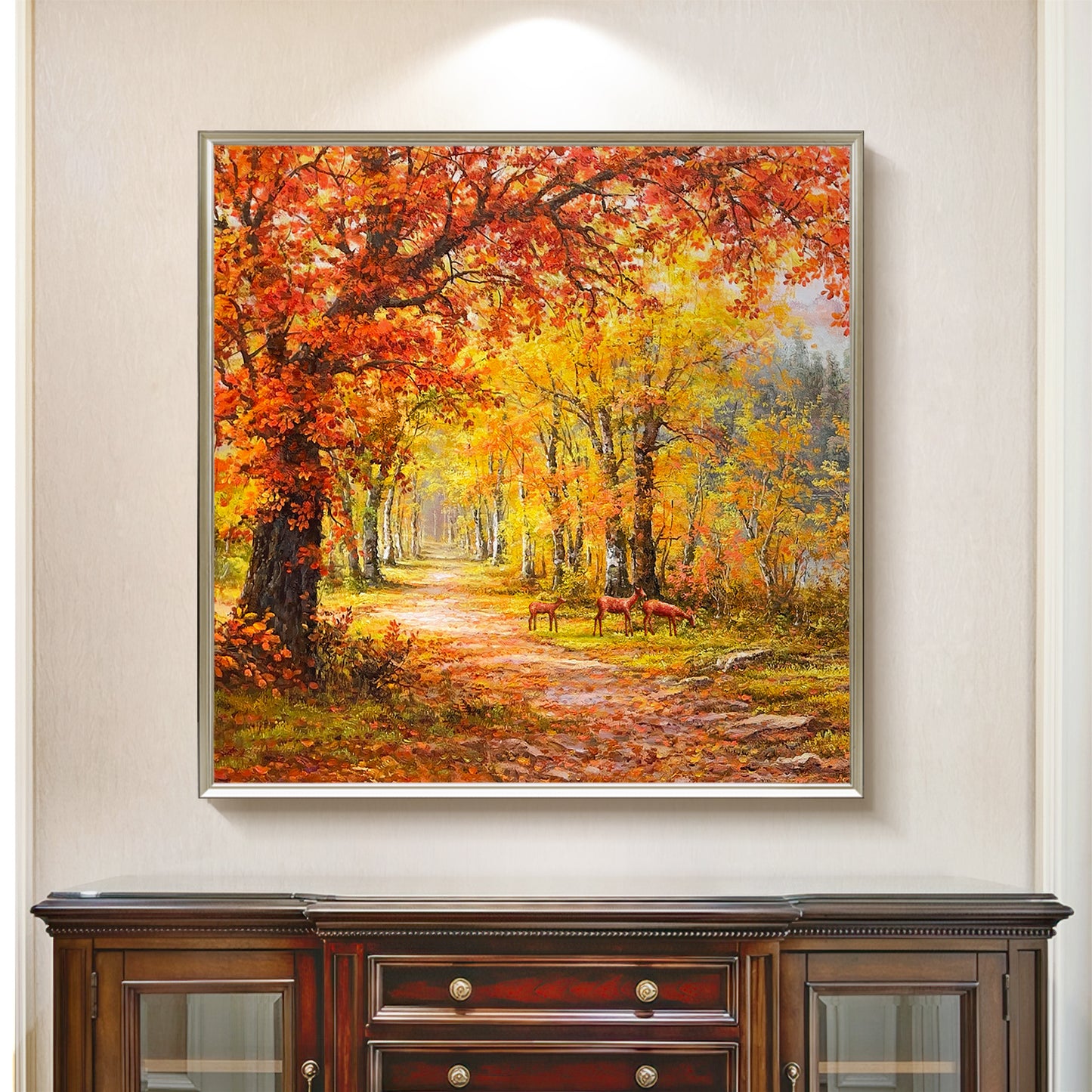 HIGHMAX Autumn Forest Deer Canvas 3D Wall Art Hand Oil Painting Fall Landscape Living Room Bedroom Decor Gift