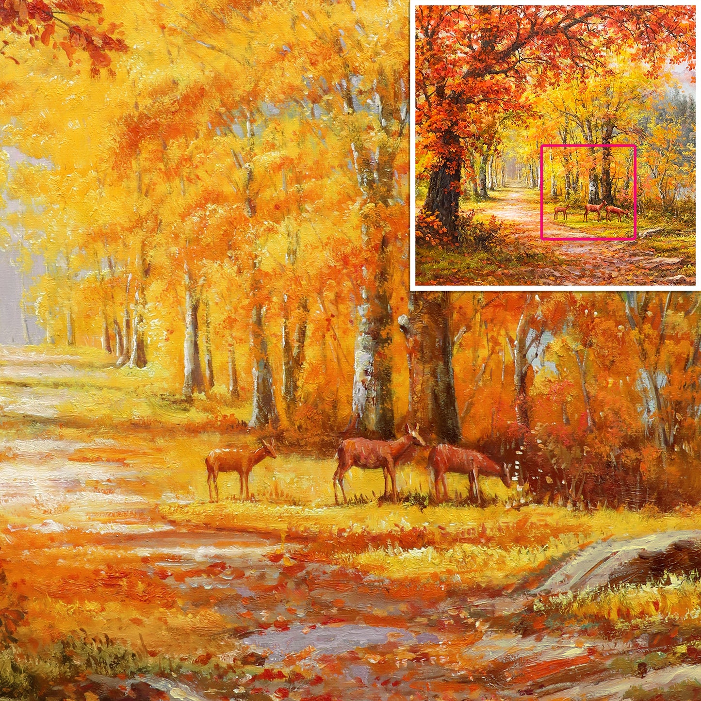 HIGHMAX Autumn Forest Deer Canvas 3D Wall Art Hand Oil Painting Fall Landscape Living Room Bedroom Decor Gift