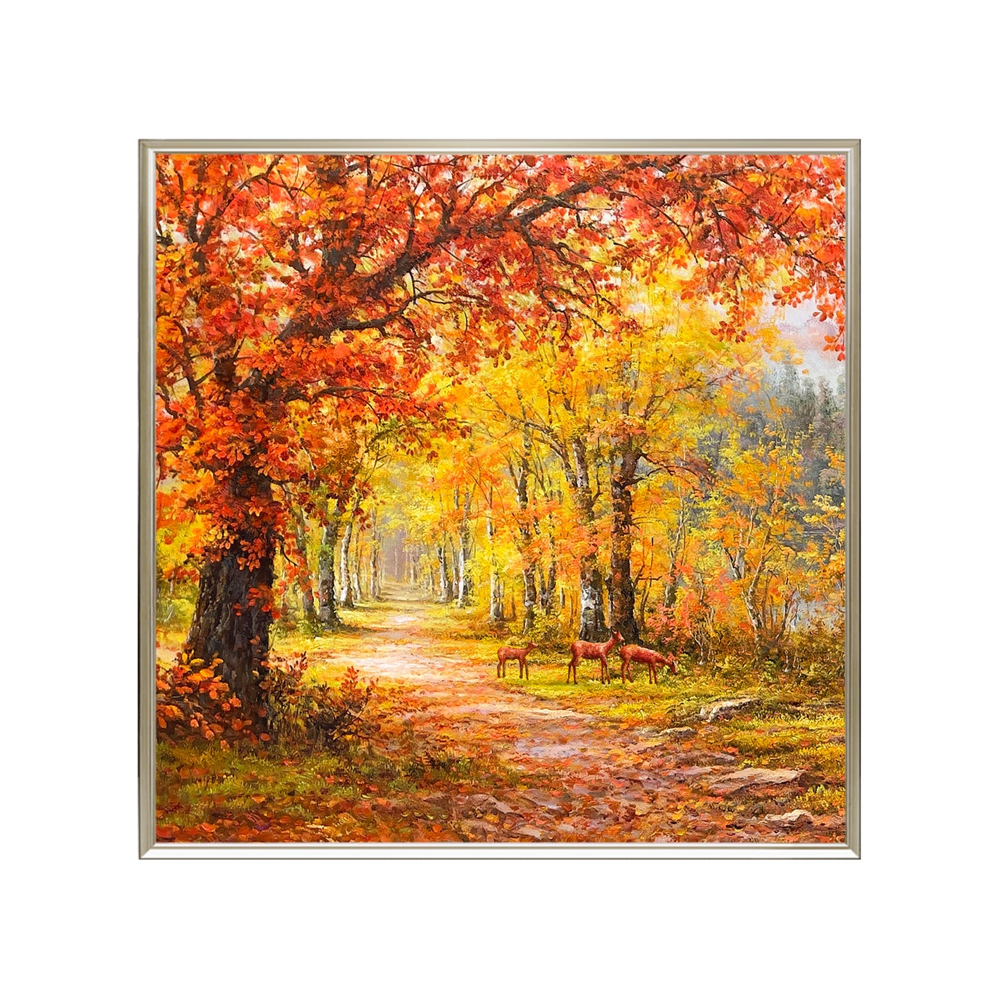 HIGHMAX Autumn Forest Deer Canvas 3D Wall Art Hand Oil Painting Fall Landscape Living Room Bedroom Decor Gift