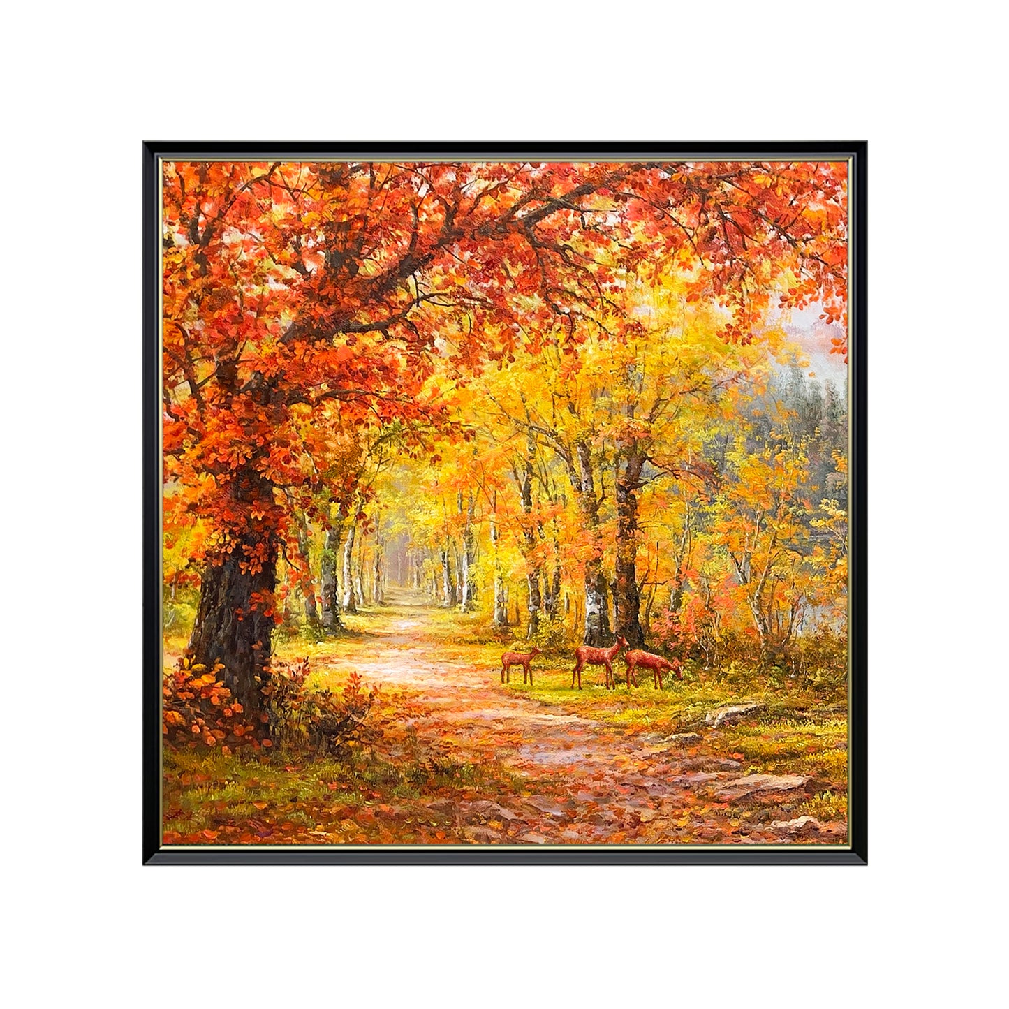 HIGHMAX Autumn Forest Deer Canvas 3D Wall Art Hand Oil Painting Fall Landscape Living Room Bedroom Decor Gift