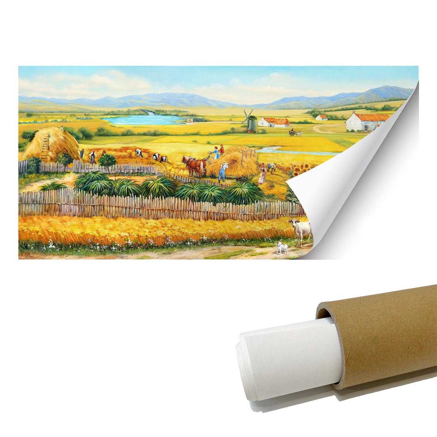 HIGHMAX The Harvest Countryside Oil Painting Rural Farmhouse Landscape Canvas Wall Art Golden Field Sunflower Hand Painted Pastoral Decor