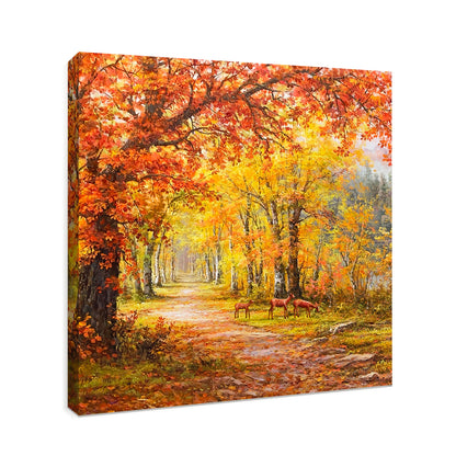 HIGHMAX Autumn Forest Deer Canvas 3D Wall Art Hand Oil Painting Fall Landscape Living Room Bedroom Decor Gift