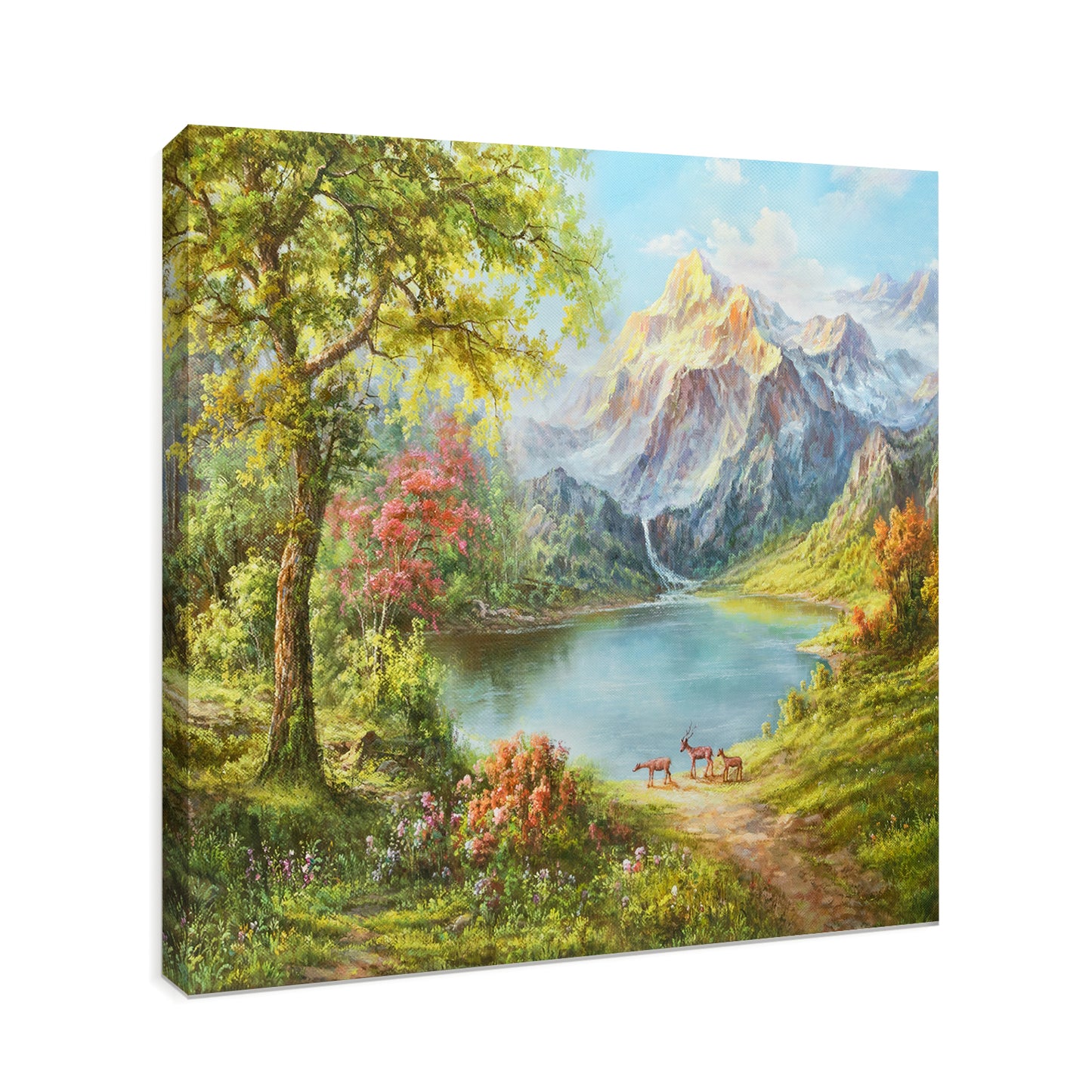 HIGHMAX Mountain Lake Deer Canvas 3D Wall Art Hand Oil Painting Natural Landscape Living Room Bedroom Decor Gift