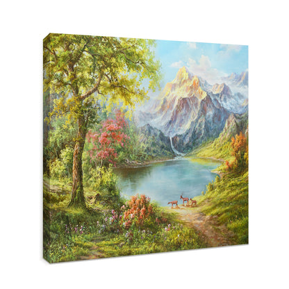 HIGHMAX Mountain Lake Deer Canvas 3D Wall Art Hand Oil Painting Natural Landscape Living Room Bedroom Decor Gift