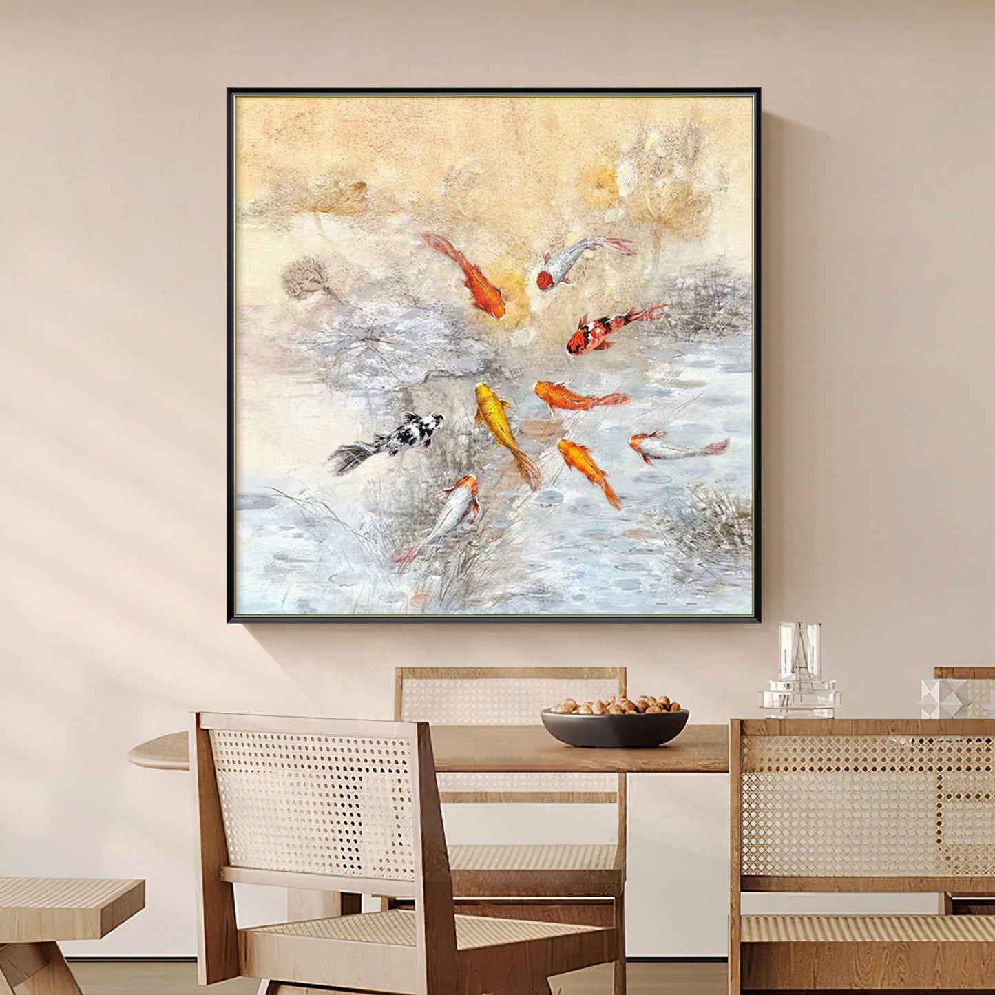 HIGHMAX Fish Pond Canvas 3D Wall Art Hand Oil Painting Oriental - Style Aquatic Scene Living Room Bedroom Decor Gift
