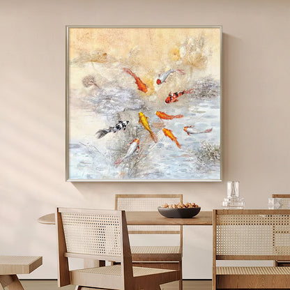 HIGHMAX Fish Pond Canvas 3D Wall Art Hand Oil Painting Oriental - Style Aquatic Scene Living Room Bedroom Decor Gift