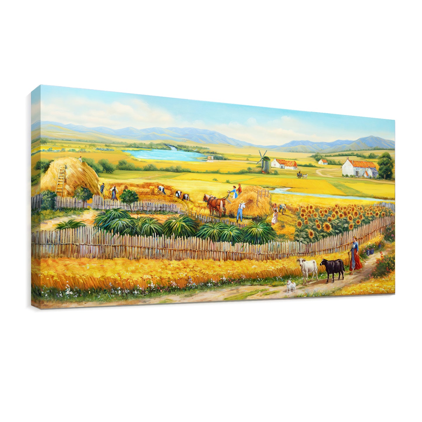 HIGHMAX The Harvest Countryside Oil Painting Rural Farmhouse Landscape Canvas Wall Art Golden Field Sunflower Hand Painted Pastoral Decor