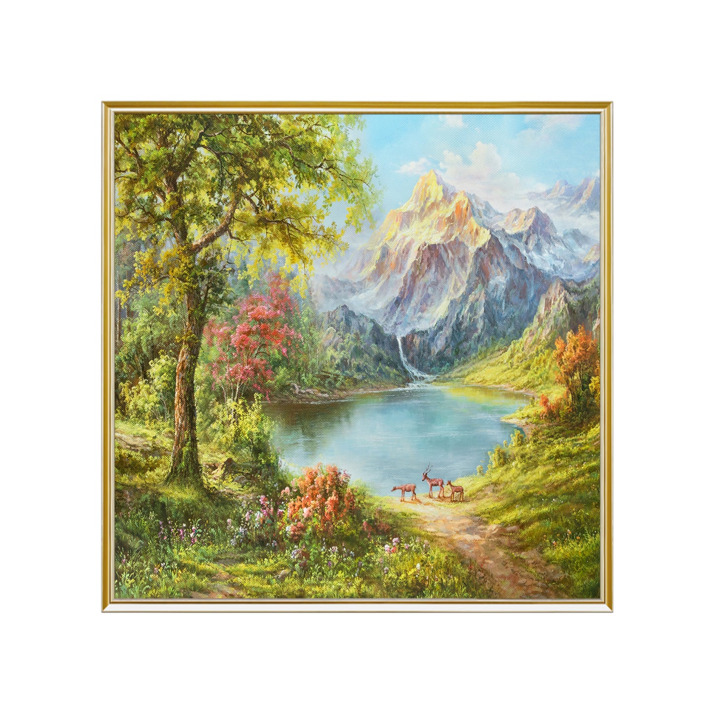 HIGHMAX Mountain Lake Deer Canvas 3D Wall Art Hand Oil Painting Natural Landscape Living Room Bedroom Decor Gift