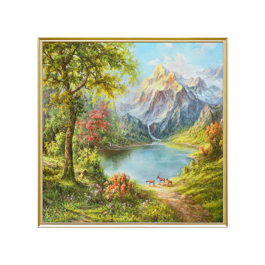 HIGHMAX Mountain Lake Deer Canvas 3D Wall Art Hand Oil Painting Natural Landscape Living Room Bedroom Decor Gift