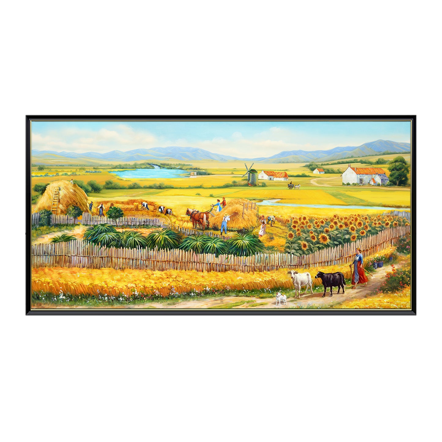 HIGHMAX The Harvest Countryside Oil Painting Rural Farmhouse Landscape Canvas Wall Art Golden Field Sunflower Hand Painted Pastoral Decor