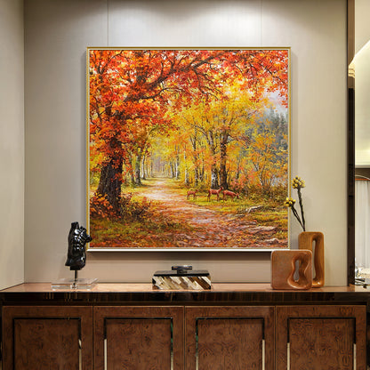 HIGHMAX Autumn Forest Deer Canvas 3D Wall Art Hand Oil Painting Fall Landscape Living Room Bedroom Decor Gift