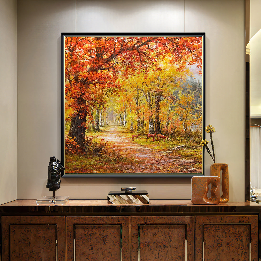 HIGHMAX Autumn Forest Deer Canvas 3D Wall Art Hand Oil Painting Fall Landscape Living Room Bedroom Decor Gift
