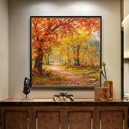 HIGHMAX Autumn Forest Deer Canvas 3D Wall Art Hand Oil Painting Fall Landscape Living Room Bedroom Decor Gift