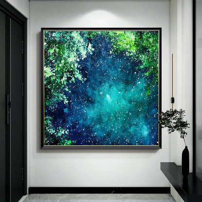 HIGHMAX Starry Night Forest Canvas 3D Wall Art Hand Oil Painting Abstract Night Landscape Living Room Bedroom Decor Gift