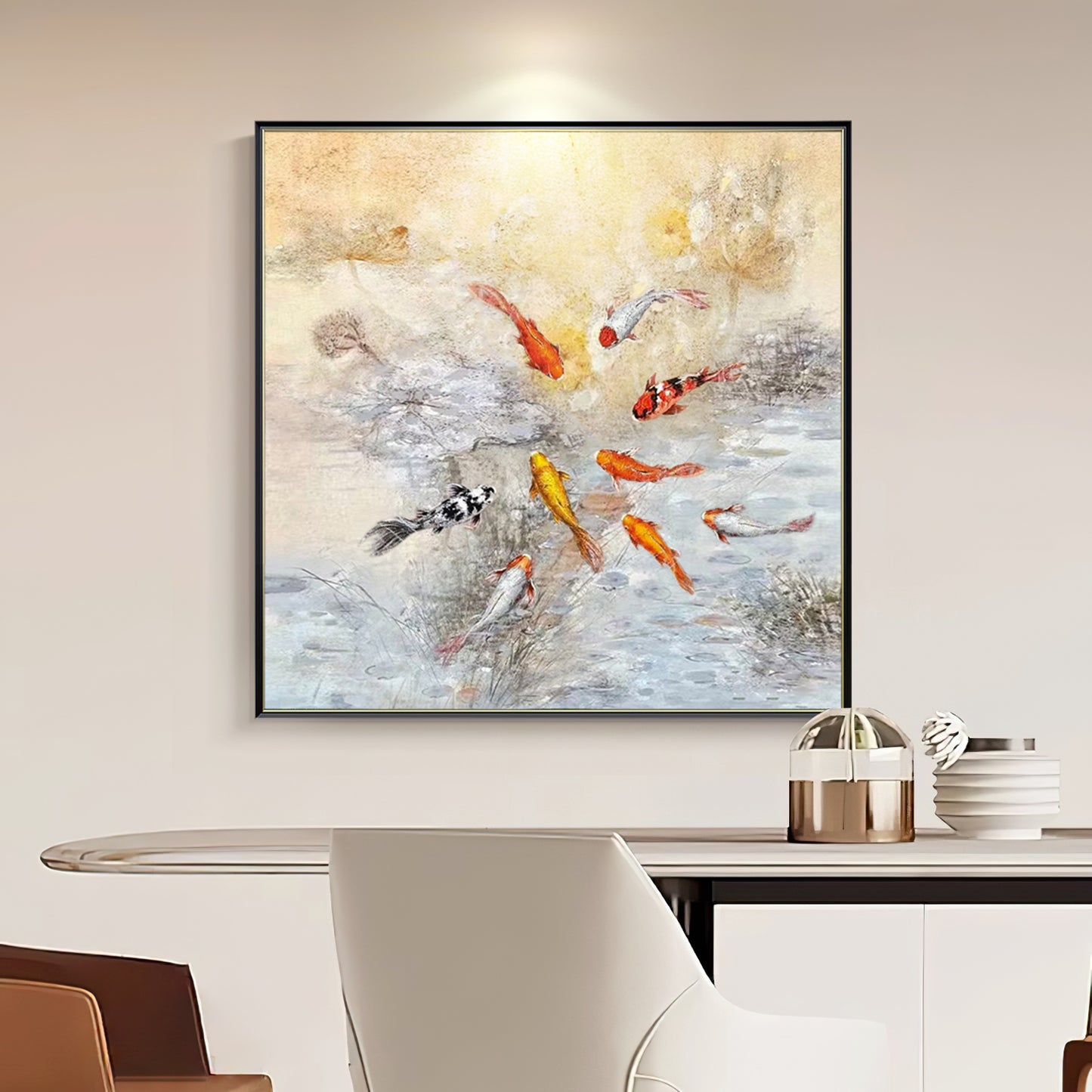 HIGHMAX Fish Pond Canvas 3D Wall Art Hand Oil Painting Oriental - Style Aquatic Scene Living Room Bedroom Decor Gift