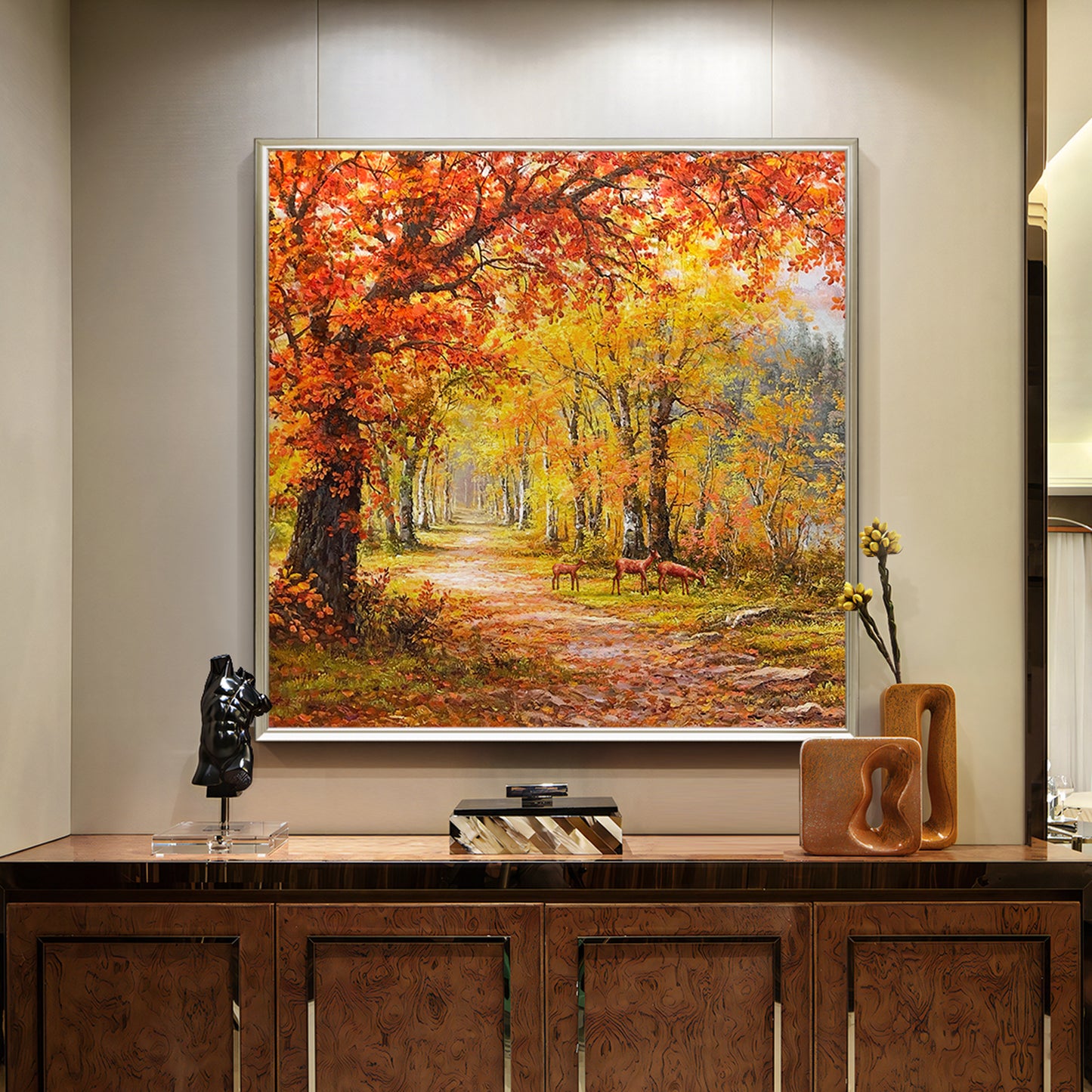 HIGHMAX Autumn Forest Deer Canvas 3D Wall Art Hand Oil Painting Fall Landscape Living Room Bedroom Decor Gift