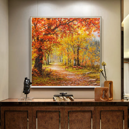 HIGHMAX Autumn Forest Deer Canvas 3D Wall Art Hand Oil Painting Fall Landscape Living Room Bedroom Decor Gift