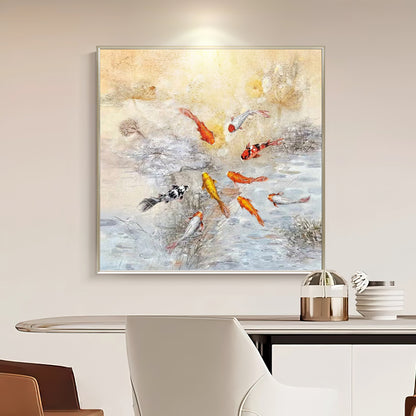 HIGHMAX Fish Pond Canvas 3D Wall Art Hand Oil Painting Oriental - Style Aquatic Scene Living Room Bedroom Decor Gift