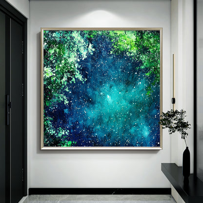 HIGHMAX Starry Night Forest Canvas 3D Wall Art Hand Oil Painting Abstract Night Landscape Living Room Bedroom Decor Gift
