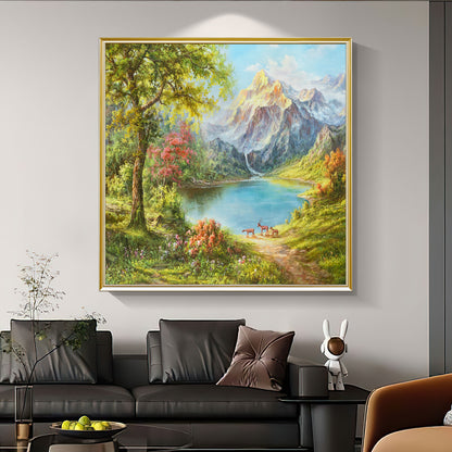 HIGHMAX Mountain Lake Deer Canvas 3D Wall Art Hand Oil Painting Natural Landscape Living Room Bedroom Decor Gift