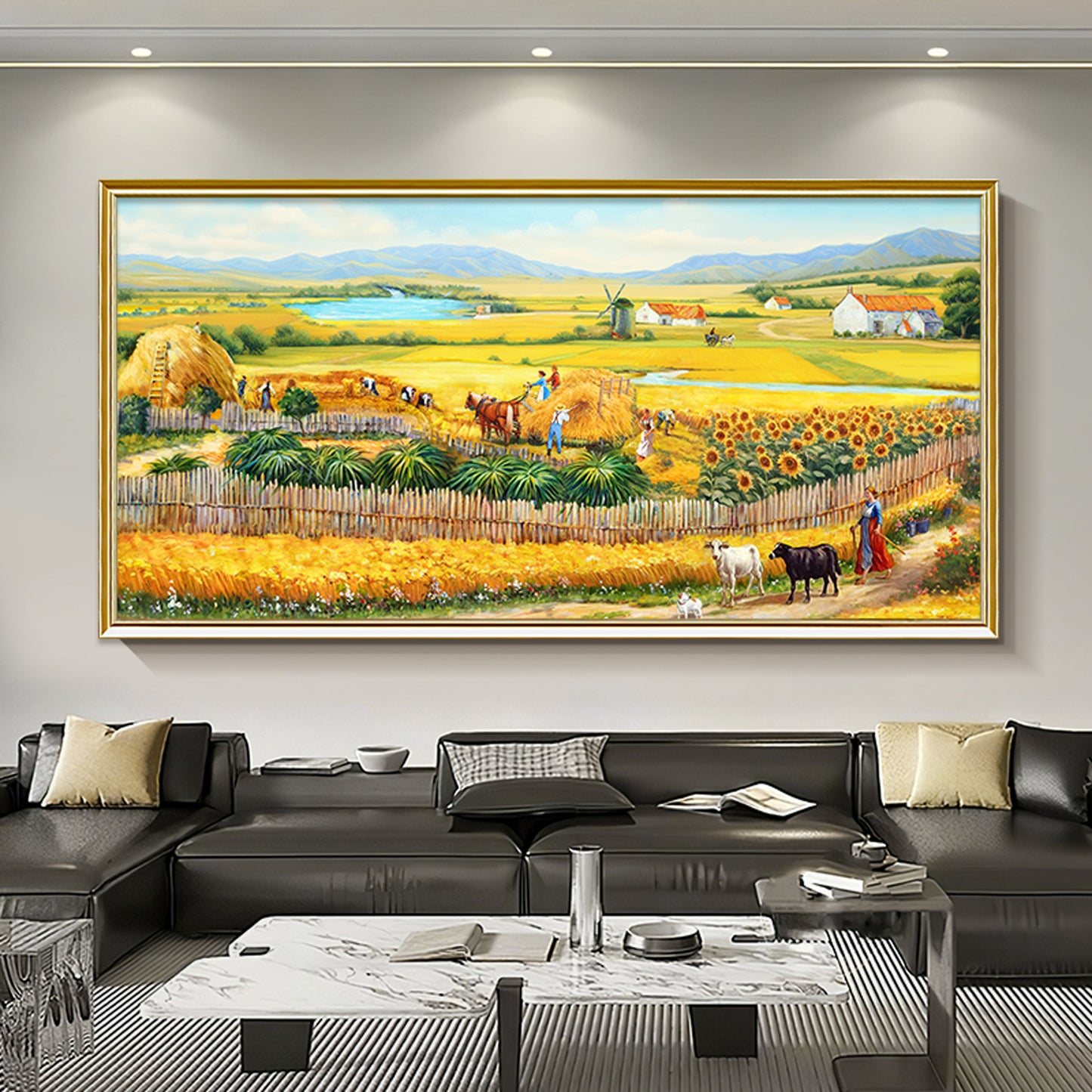 HIGHMAX The Harvest Countryside Oil Painting Rural Farmhouse Landscape Canvas Wall Art Golden Field Sunflower Hand Painted Pastoral Decor