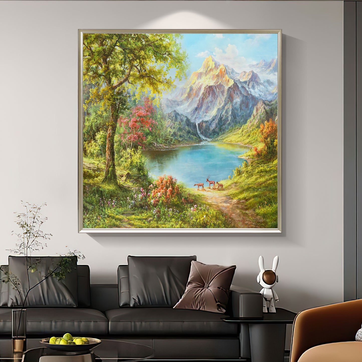 HIGHMAX Mountain Lake Deer Canvas 3D Wall Art Hand Oil Painting Natural Landscape Living Room Bedroom Decor Gift