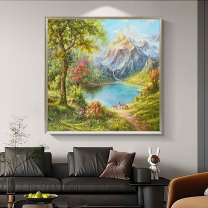 HIGHMAX Mountain Lake Deer Canvas 3D Wall Art Hand Oil Painting Natural Landscape Living Room Bedroom Decor Gift