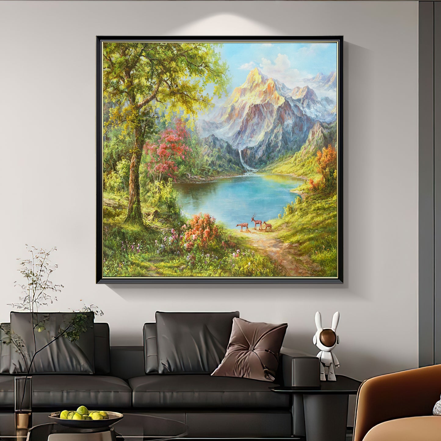 HIGHMAX Mountain Lake Deer Canvas 3D Wall Art Hand Oil Painting Natural Landscape Living Room Bedroom Decor Gift