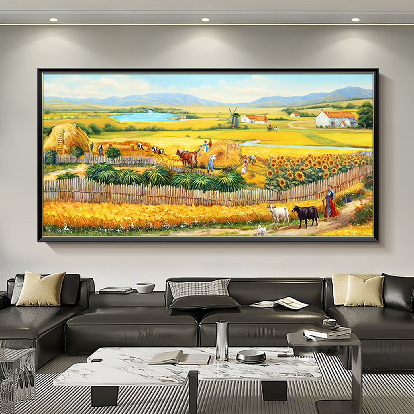 HIGHMAX The Harvest Countryside Oil Painting Rural Farmhouse Landscape Canvas Wall Art Golden Field Sunflower Hand Painted Pastoral Decor