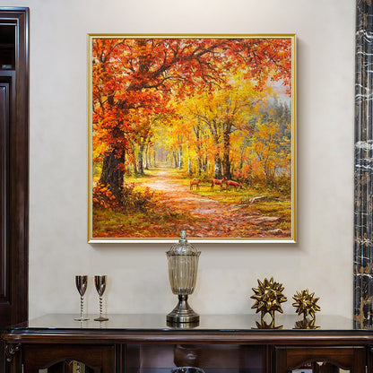 HIGHMAX Autumn Forest Deer Canvas 3D Wall Art Hand Oil Painting Fall Landscape Living Room Bedroom Decor Gift