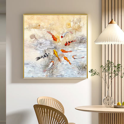 HIGHMAX Fish Pond Canvas 3D Wall Art Hand Oil Painting Oriental - Style Aquatic Scene Living Room Bedroom Decor Gift