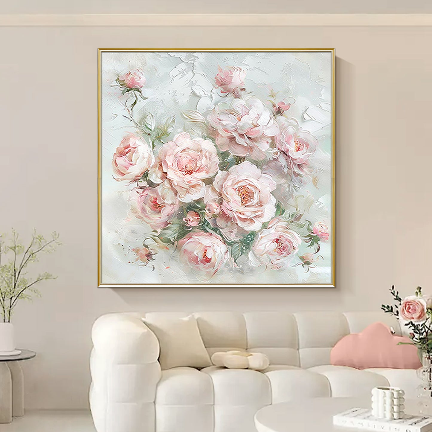 HIGHMAX Pink Rose Bouquet Canvas 3D Wall Art Hand Oil Painting Romantic Floral Decor Living Room Bedroom Gift