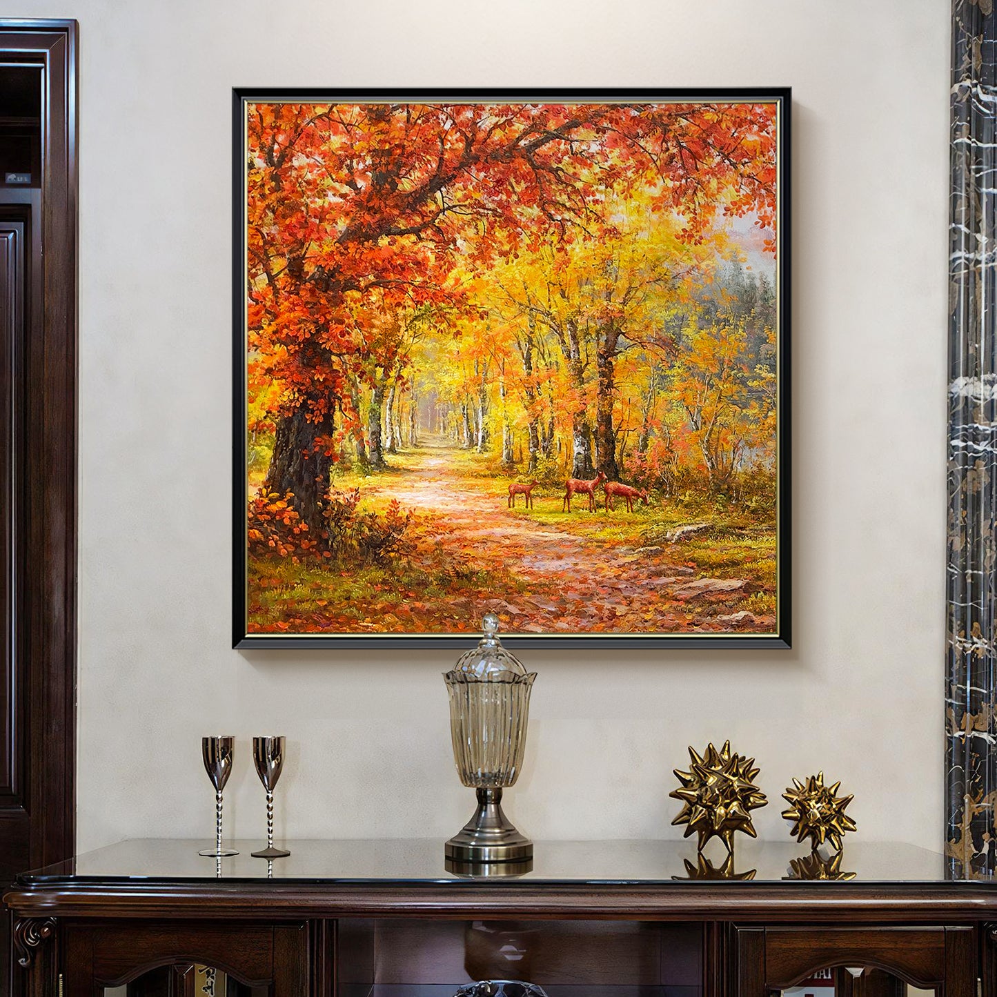 HIGHMAX Autumn Forest Deer Canvas 3D Wall Art Hand Oil Painting Fall Landscape Living Room Bedroom Decor Gift