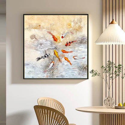 HIGHMAX Fish Pond Canvas 3D Wall Art Hand Oil Painting Oriental - Style Aquatic Scene Living Room Bedroom Decor Gift