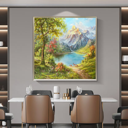 HIGHMAX Mountain Lake Deer Canvas 3D Wall Art Hand Oil Painting Natural Landscape Living Room Bedroom Decor Gift