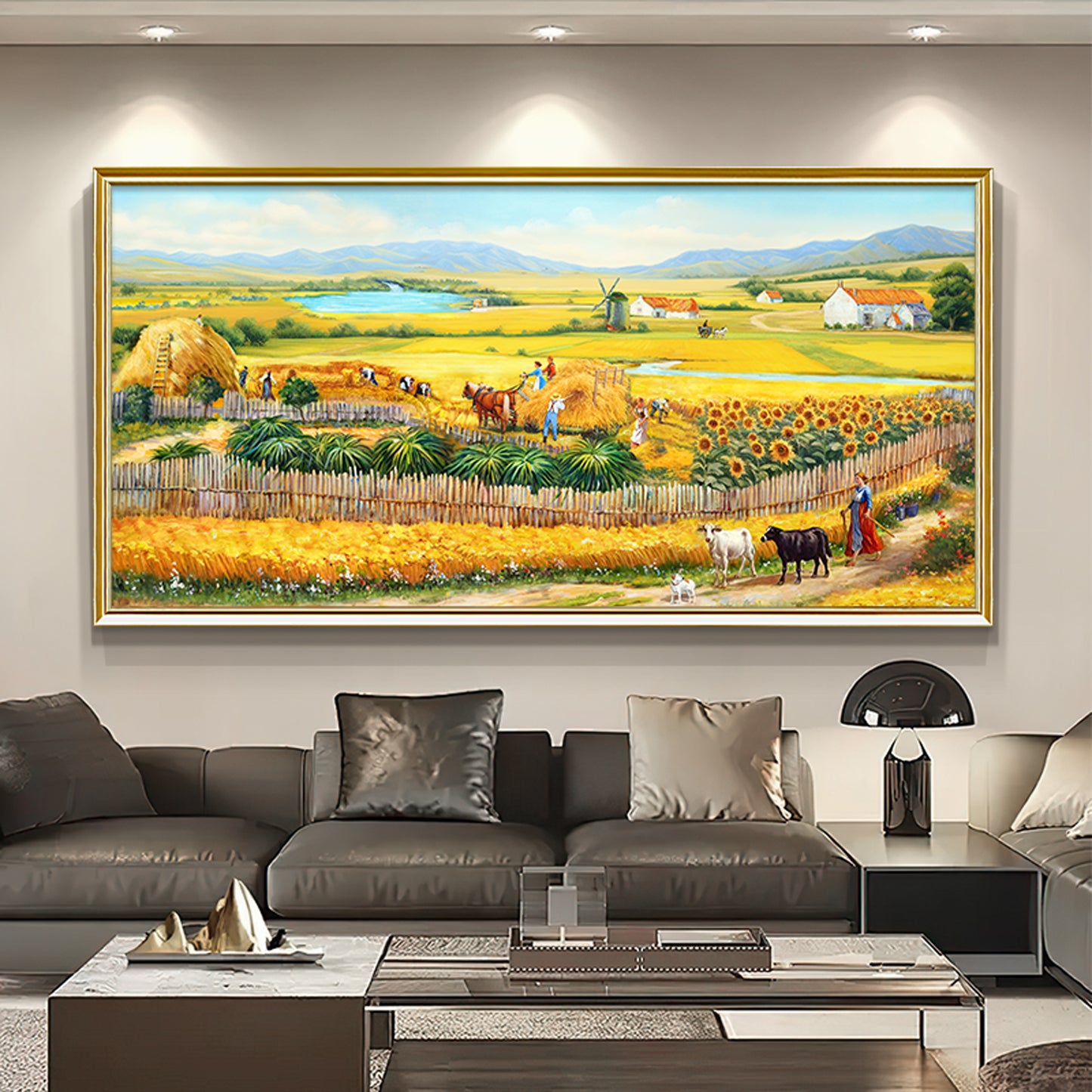 HIGHMAX The Harvest Countryside Oil Painting Rural Farmhouse Landscape Canvas Wall Art Golden Field Sunflower Hand Painted Pastoral Decor