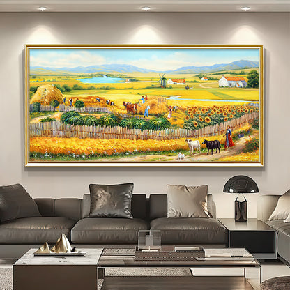 HIGHMAX The Harvest Countryside Oil Painting Rural Farmhouse Landscape Canvas Wall Art Golden Field Sunflower Hand Painted Pastoral Decor