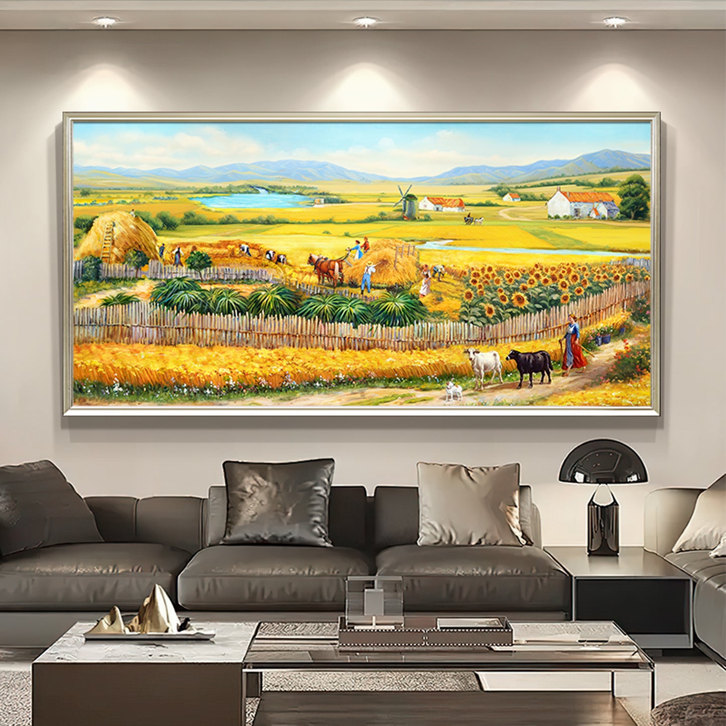 HIGHMAX The Harvest Countryside Oil Painting Rural Farmhouse Landscape Canvas Wall Art Golden Field Sunflower Hand Painted Pastoral Decor