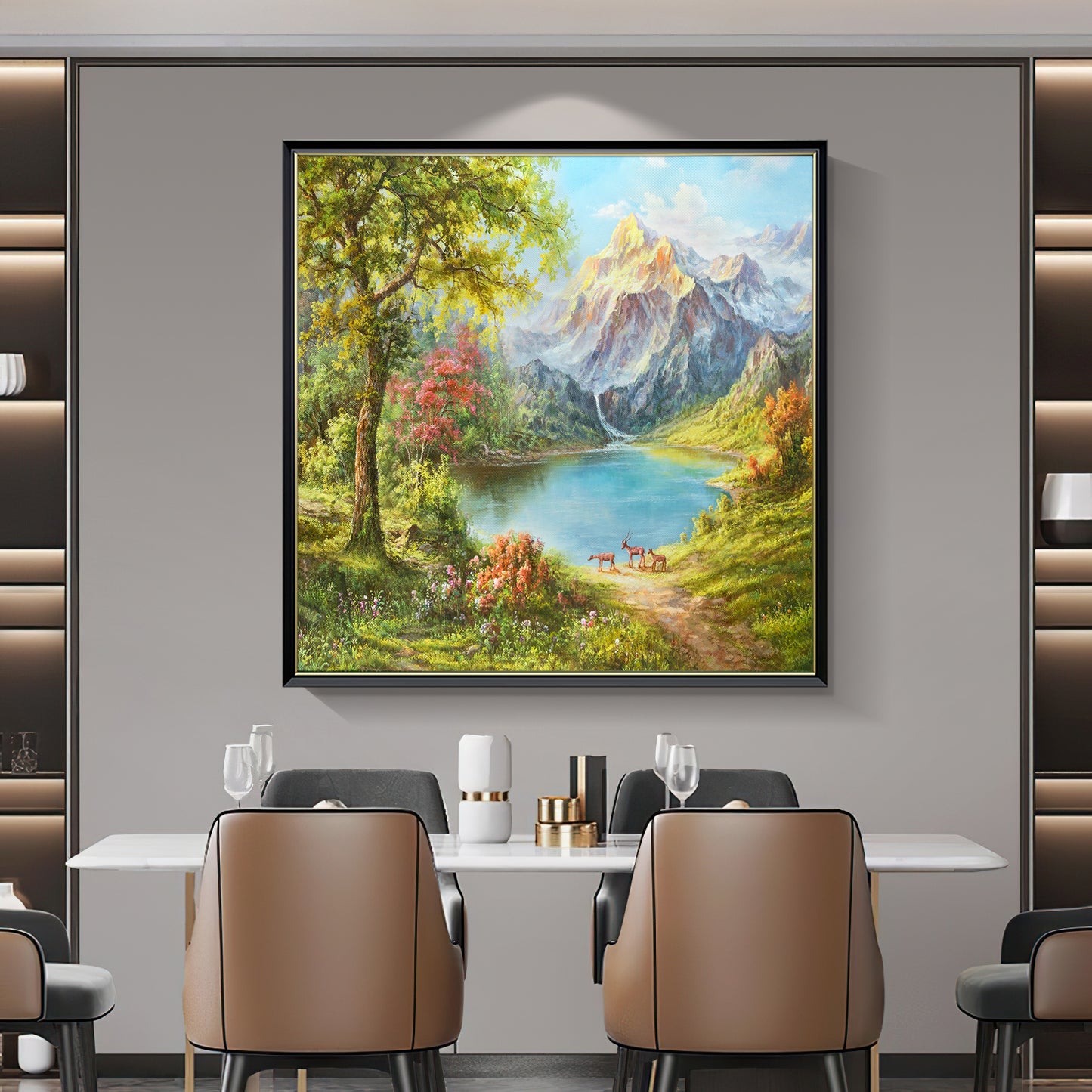 HIGHMAX Mountain Lake Deer Canvas 3D Wall Art Hand Oil Painting Natural Landscape Living Room Bedroom Decor Gift