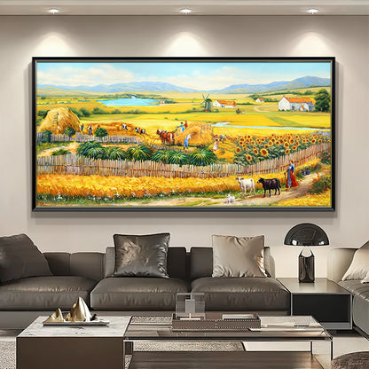 HIGHMAX The Harvest Countryside Oil Painting Rural Farmhouse Landscape Canvas Wall Art Golden Field Sunflower Hand Painted Pastoral Decor