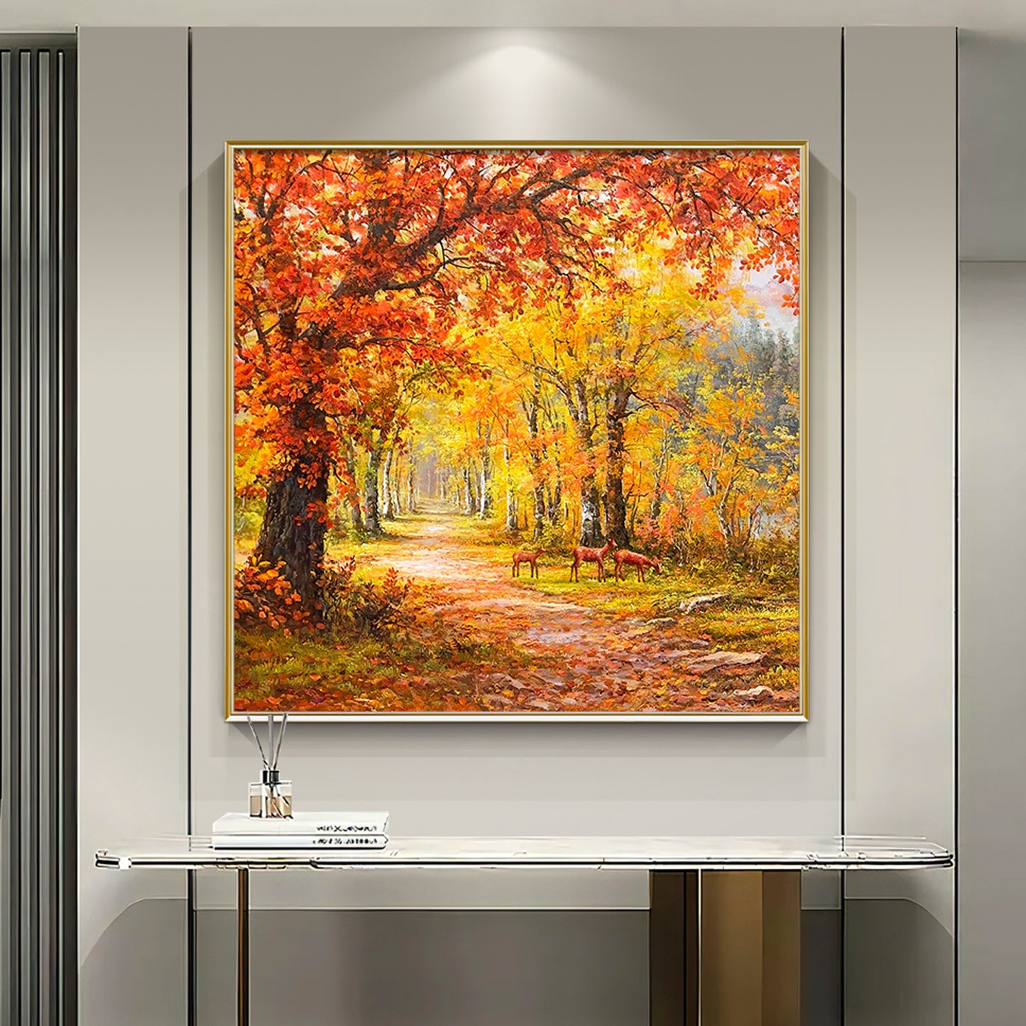 HIGHMAX Autumn Forest Deer Canvas 3D Wall Art Hand Oil Painting Fall Landscape Living Room Bedroom Decor Gift