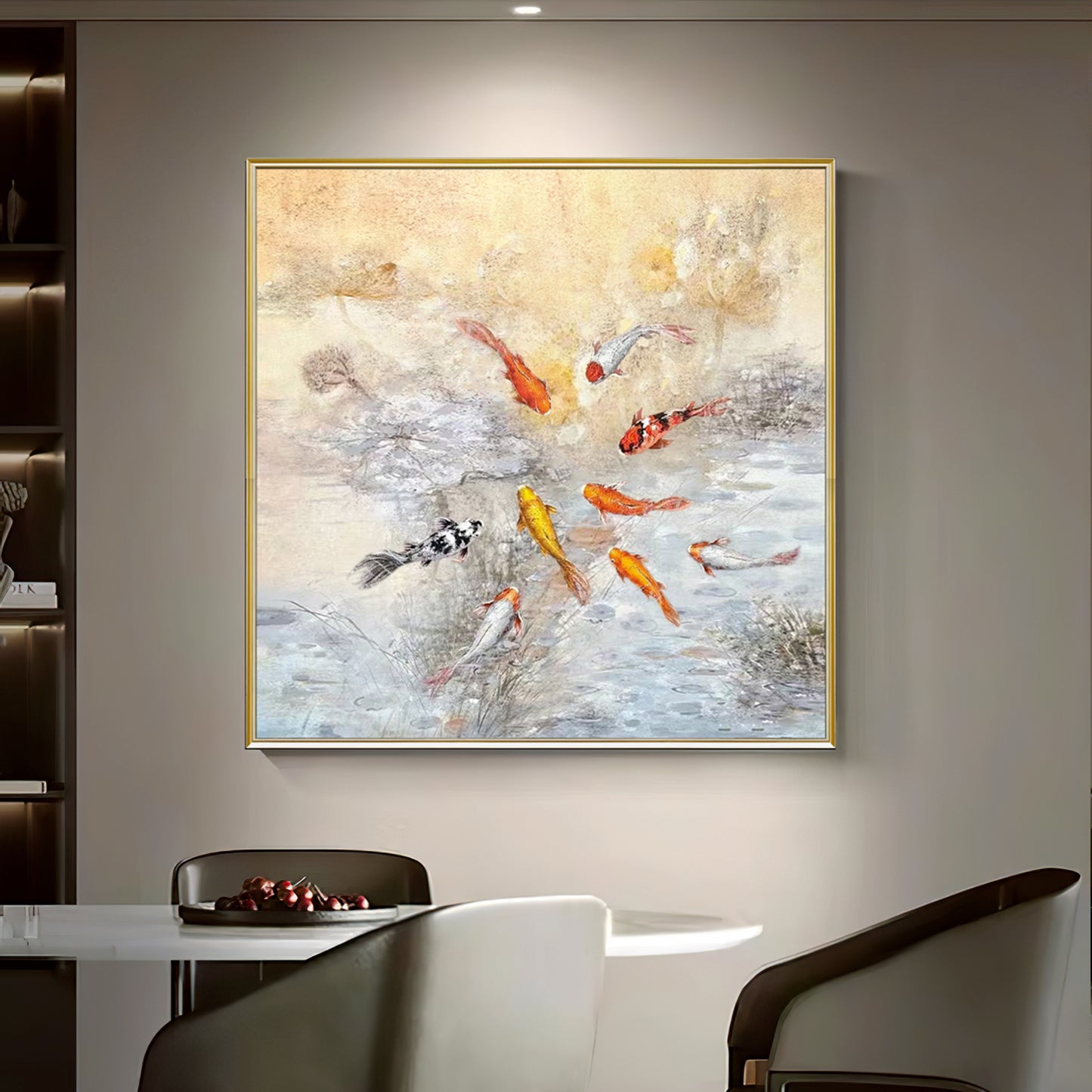 HIGHMAX Fish Pond Canvas 3D Wall Art Hand Oil Painting Oriental - Style Aquatic Scene Living Room Bedroom Decor Gift