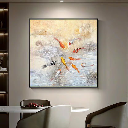 HIGHMAX Fish Pond Canvas 3D Wall Art Hand Oil Painting Oriental - Style Aquatic Scene Living Room Bedroom Decor Gift